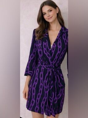JB by Julie Brown Black and Purple Chain Print Wrap Dress